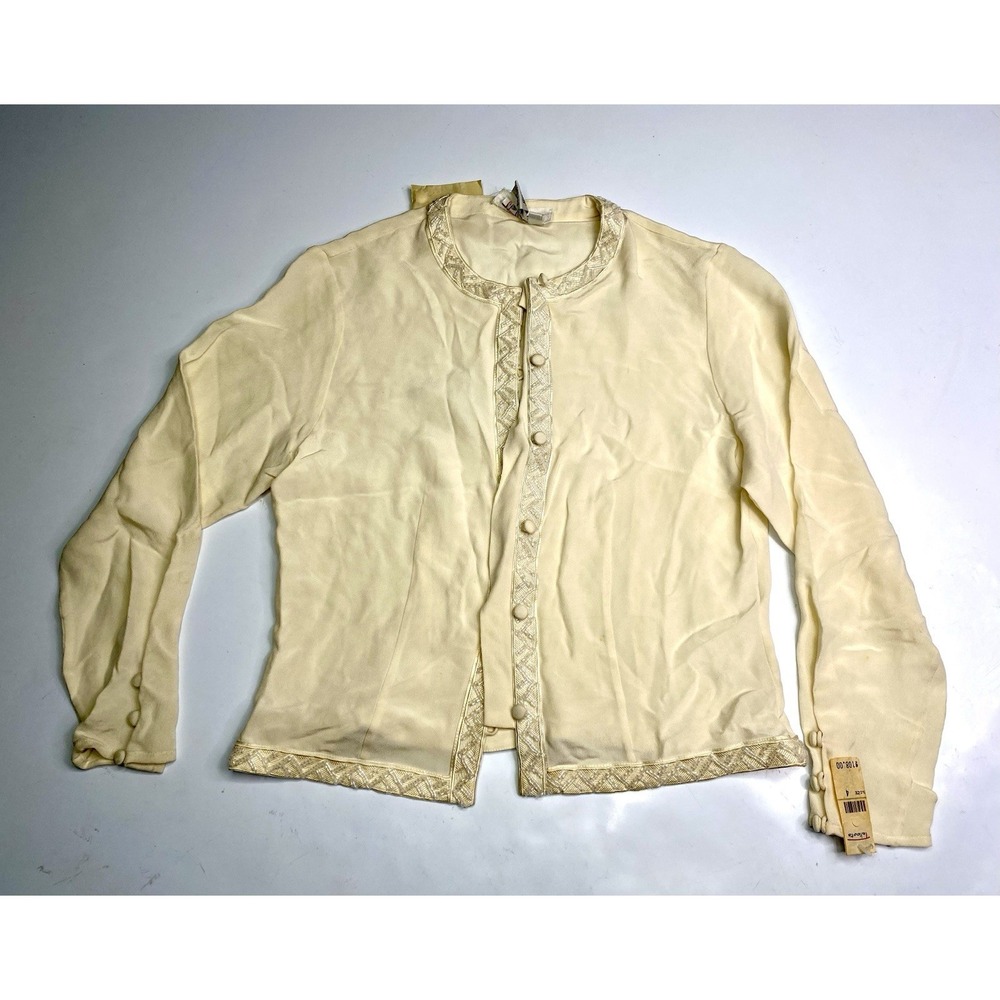 VTG 1990s New Talbots Cream Silk Jacket Gold Embroidery Accents Buttoned Sz 4
